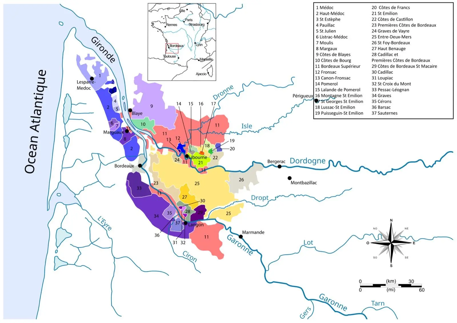 Carte des régions et appellations du vignoble de Bordeaux