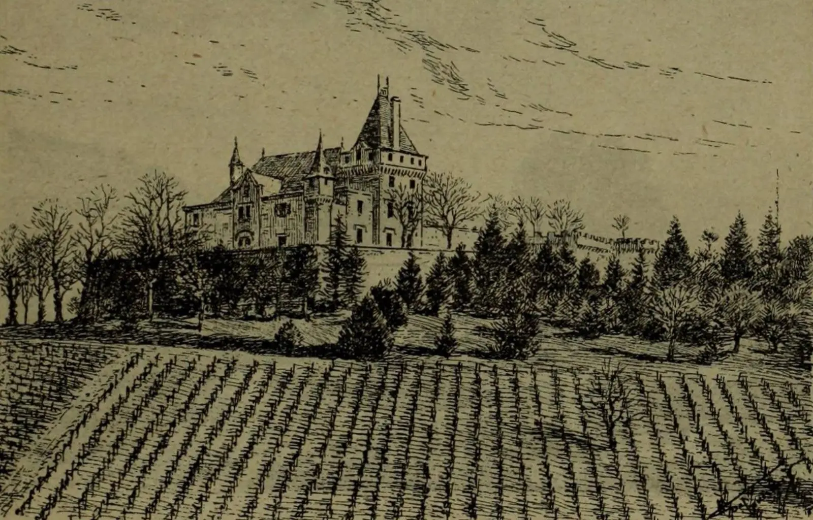 Le château de Pressac, gravure de l'ouvrage Bordeaux et ses vins (1922)